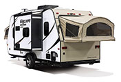 2018 KZ RV Escape Mini M181KST Travel Trailer Exterior Rear 3-4 Off Door Side with Tent Out