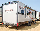 2018 KZ RV Sportster 301THR Travel Trailer Toy Hauler Exterior Rear 3-4 Door Side