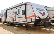 2018 KZ RV Sportster 321THR13 Travel Trailer Toy Hauler Exterior Front 3-4 Door Side