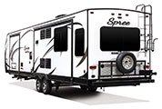 2018 KZ RV Spree S343RSK Travel Trailer Exterior Rear 3-4 Off Door Side