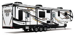 2018 KZ RV Venom V3911TK Fifth Wheel Toy Hauler Exterior Rear 3-4 Door Side