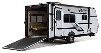2019 KZ RV Escape E180TH Travel Trailer Toy Hauler Exterior Rear 3-4 Door Side with Ramp Down