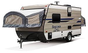 2019 KZ RV Sportsmen Classic 160RBT Travel Trailer Exterior Front 3-4 Off Door Side Tent Out