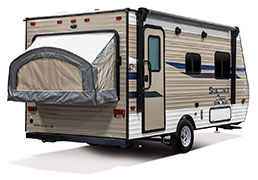 2019 KZ RV Sportsmen Classic 160RBT Travel Trailer Exterior Rear 3-4 Door Side with Tent Out