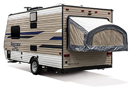 2019 KZ RV Sportsmen Classic 160RBT Travel Trailer Exterior Rear 3-4 Off Door Side with Tent Out