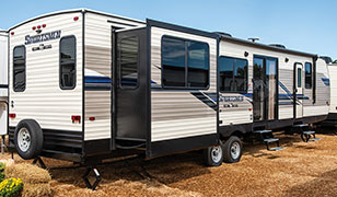 2019 KZ RV Sportsmen Destination 363RL Travel Trailer Show Exterior Rear 3-4 Door Side