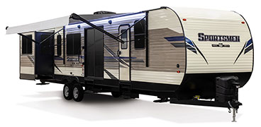 2019 KZ RV Sportsmen Destination 363RL Travel Trailer Exterior Front 3-4 Door Side with Awning out