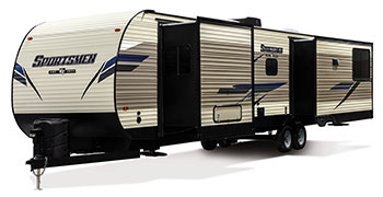 2019 KZ RV Sportsmen Destination 363RL Travel Trailer Exterior Front 3-4 Off Door Side with Slide Out