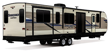 2019 KZ RV Sportsmen Destination 363RL Travel Trailer Exterior Rear 3-4 Door Side