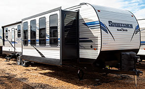 2019 KZ RV Sportsmen 364BH Destination Travel Trailer Exterior Front 3-4 Door Side Slide Out