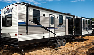 2019 KZ RV Sportsmen 364BH Destination Travel Trailer Exterior Rear 3-4 Door Side Slide Out