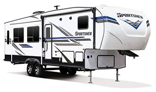 2019 KZ RV Sportsmen 303RL Fifth Wheel Exterior Front 3-4 Door Side