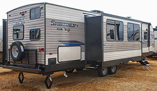 2019 KZ RV Sportsmen LE 322BHKLE Travel Trailer Exterior Rear 3-4 Door Side with Slide Out