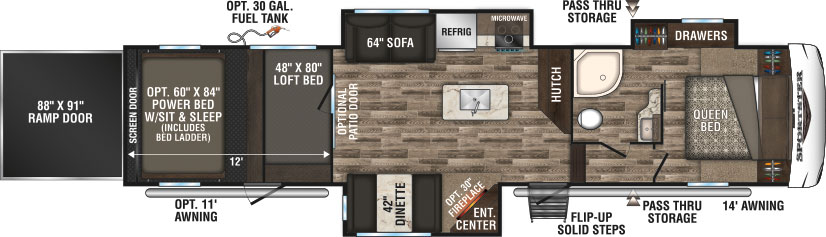 2019 KZ RV Sportsmen Sportster 373TH12 Fifth Wheel Toy Hauler Floorplan
