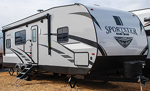 2019 KZ RV Sportster 290THR Travel Trailer Toy Hauler Exterior Front 3-4 Door Side