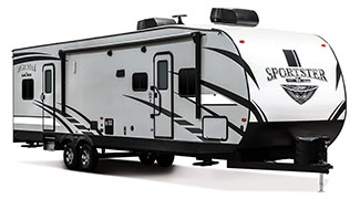 2019 KZ RV Sportster 321THR13 Travel Trailer Toy Hauler Exterior Front 3-4 Door Side