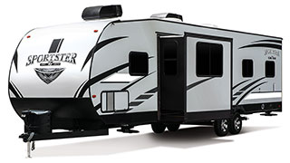 2019 KZ RV Sportster 321THR13 Travel Trailer Toy Hauler Exterior Front 3-4 Off Door Side with Slide Out