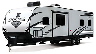 2019 KZ RV Sportster 321THR13 Travel Trailer Toy Hauler Exterior Front 3-4 Off Door Side