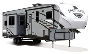 2019 KZ RV Sportster 343TH11 Fifth Wheel Toy Hauler Exterior Front 3-4 Door Side Slide Out