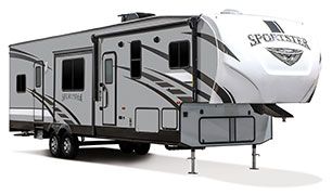 2019 KZ RV Sportster 343TH11 Fifth Wheel Toy Hauler Exterior Front 3-4 Door Side
