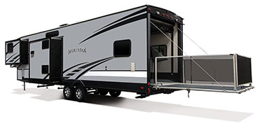 2019 KZ RV Sportster 343TH11 Fifth Wheel Toy Hauler Exterior Rear 3-4 Off Door Side