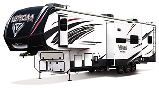 2019 KZ RV Venom V3911TK Fifth Wheel Toy Hauler Exterior Front 3-4 Off Door Side with Slide Out