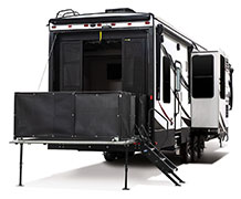 2019 KZ RV Venom V3911TK Fifth Wheel Toy Hauler Exterior Rear 3-4 Door Side with Slide Out