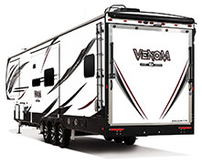 2019 KZ RV Venom V3911TK Fifth Wheel Toy Hauler Exterior Rear 3-4 Off Door Side