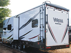 2019 KZ RV Venom V3911TK Fifth Wheel Toy Hauler Show Exterior Rear 3-4 Off Door Side Slide Out