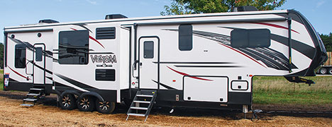 2019 KZ RV Venom V3911TK Fifth Wheel Toy Hauler Show Exterior Side Profile Door Side Slide Out