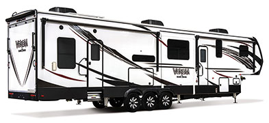 2019 KZ RV Venom V4012TK Fifth Wheel Toy Hauler Exterior Rear 3-4 Door Side