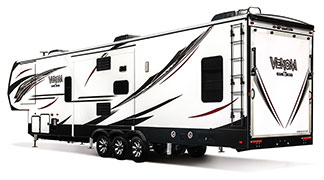 2019 KZ RV Venom V4012TK Fifth Wheel Toy Hauler Exterior Rear 3-4 Off Door Side