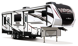 2019 KZ RV Venom V-Series V3411TK Fifth Wheel Toy Hauler Exterior Front 3-4 Door Side