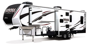 2019 KZ RV Venom V-Series V3411TK Fifth Wheel Toy Hauler Exterior Front 3-4 Off Door Side with Slide Out