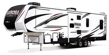 2019 KZ RV Venom V-Series V3411TK Fifth Wheel Toy Hauler Exterior Front 3-4 Off Door Side
