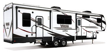 2019 KZ RV Venom V-Series V3411TK Fifth Wheel Toy Hauler Exterior Rear 3-4 Door Side