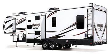 2019 KZ RV Venom V-Series V3411TK Fifth Wheel Toy Hauler Exterior Rear 3-4 Off Door Side with Slide Out