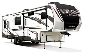 2019 KZ RV Venom V-Series V3413TK Fifth Wheel Toy Hauler Exterior Front 3-4 Door Side