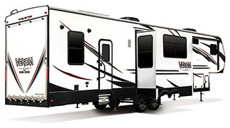 2019 KZ RV Venom V-Series V3413TK Fifth Wheel Toy Hauler Exterior Rear 3-4 Door Side with Slide Out