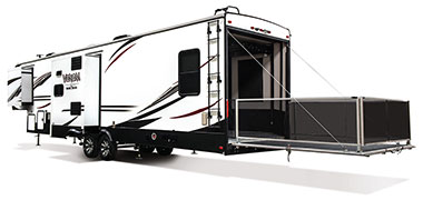 2019 KZ RV Venom V-Series V3413TK Fifth Wheel Toy Hauler Exterior Rear 3-4 Off Door Side with Slide Out