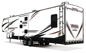 2019 KZ RV Venom V-Series V3413TK Fifth Wheel Toy Hauler Exterior Rear 3-4 Off Door Side
