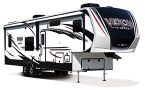 2019 KZ RV Venom V-Series V3517DK Fifth Wheel Toy Hauler Exterior Front 3-4 Door Side