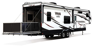 2019 KZ RV Venom V-Series V3517DK Fifth Wheel Toy Hauler Exterior Rear 3-4 Door Side with Patio Out