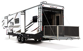 2019 KZ RV Venom V-Series V3517DK Fifth Wheel Toy Hauler Exterior Rear 3-4 Off Door Side with Patio Out