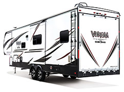 2019 KZ RV Venom V-Series V3517DK Fifth Wheel Toy Hauler Exterior Rear 3-4 Off Door Side