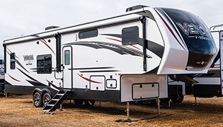 2019 KZ RV Venom V-Series V3517DK Fifth Wheel Toy Hauler Show Exterior Front 3-4 Door Side