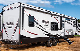 2019 KZ RV Venom V-Series V3517DK Fifth Wheel Toy Hauler Show Exterior Rear 3-4 Door Side