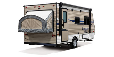 2019 KZ RV Sportsmen Classic 160RBT Travel Trailer Exterior Rear 3-4 Door Side with Tent Out