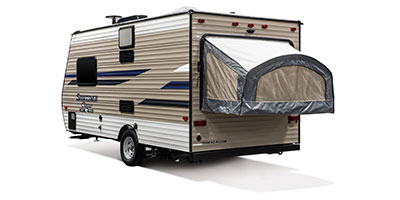 2019 KZ RV Sportsmen Classic 160RBT Travel Trailer Exterior Rear 3-4 Off Door Side with Tent Out