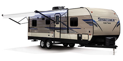2019 KZ RV Sportsmen LE 250THLE Travel Trailer Toy Hauler Exterior Front 3-4 Door Side with Awning out